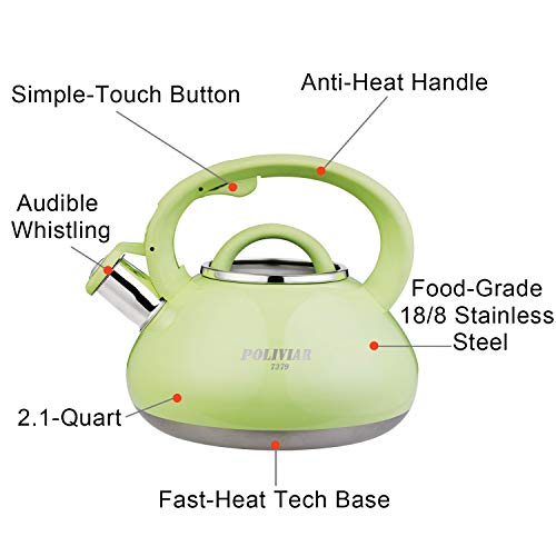 Poliviar Tea Kettle, 2.1 Quart Green Loud Whistle Food Grade Stainless Steel Teapot, Anti-Hot Handle and Anti-Rust, Suitable for All Heat Sources (JX2018-GRE20) - Thumbnail 3