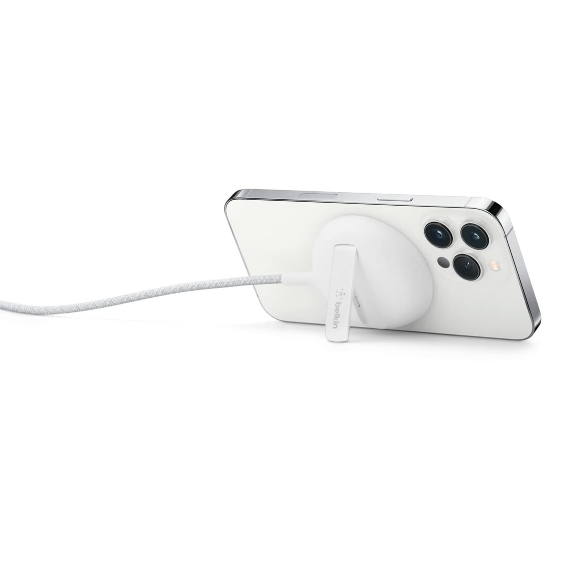 Photo 1 of Belkin Wireless Charger, Fast Charging Up to 15W w/Official Made-for-MagSafe Module and Pad Style, Metal Kickstand for iPhone 14, 14 Plus, 14 Pro, 14 Pro Max, 13, 12 and Other MagSafe iPhones - White