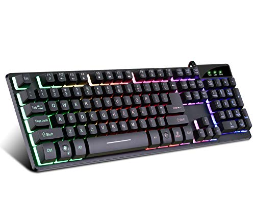 RGB Gaming Keyboard USB Wired Gaming Keyboard with Dedicated Media Controls, Multiple Color Rainbow LED Backlit, Spill-Resistant and Durable Design for Desktop, Laptop