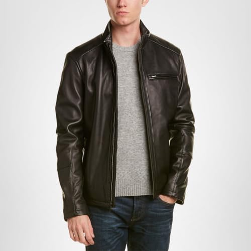 Cole Haan Men’s Smooth Lamb Leather Moto Jacket, Black, Small