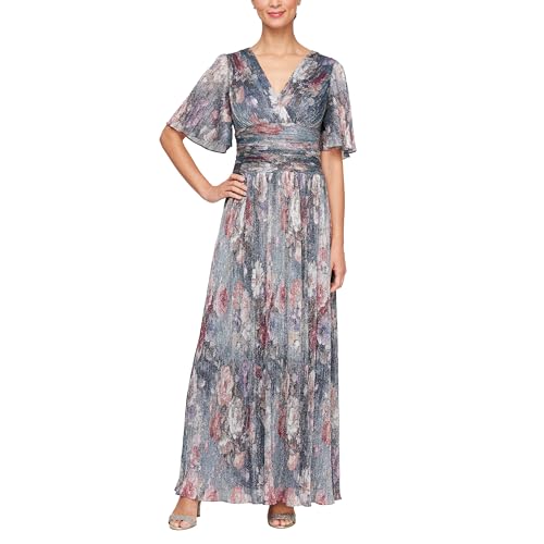 S.L. Fashions Women's Long A-line Mother Of The Bride Dress - Ruched Waist, Cold Shoulder, Silver Multi