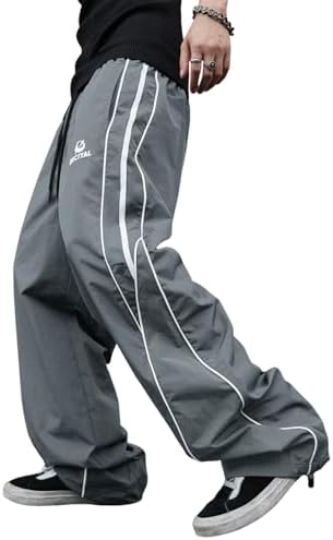 FCOOLYEET Pantaloni Tuta Larghi Uomo Y2K – Gamba Dritta Parachute, Vita Bassa, Tasche Funzionali, Streetwear - 6