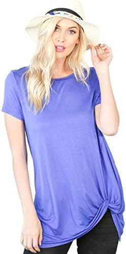 Preppy Doll Made in USA Women's Solid and Tie Dye Casual Soft Short Sleeve Side Knot Twist Knit Blouse Top (Medium, Slate Blue)