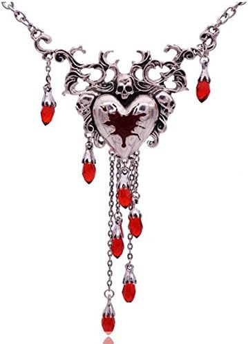 Halloween Fashion Blood Heart Skull Necklace Punk Gothic Jewelry Red Crystal Tassel Women Necklace by Norfian