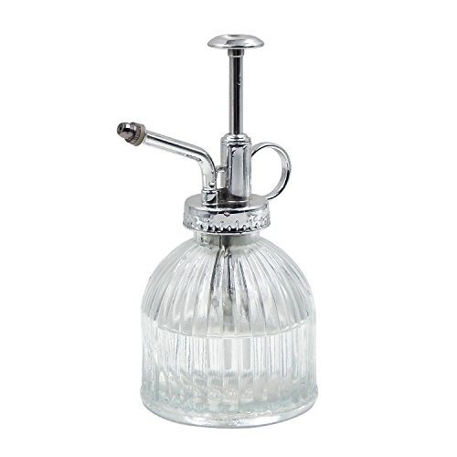 OFFIDIX Glass Watering Bottle, 6.5in Tall Vintage Style Spritzer with Bronze Plastic Silver Color Top Pump One Hand Glass Watering Can For Plants Gardening Spray Bottle(Transparent)