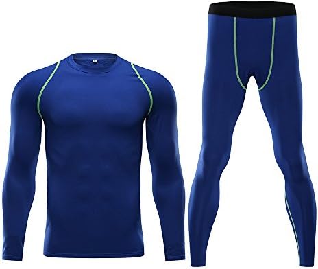 FASHIONMIA Men's Long Sleeve Athletic Compression Baselayer Sport T Shirt Tops Pants Bottom Legging Suit Blue L