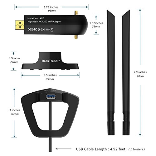 BrosTrend-1200Mbps-Long-Range-USB-WiFi-Adapter-Dual-Band-5GHz-Wireless-Network-Speed-867Mbps-24GHz-300Mbps-2-X-5dBi-WiFi-Antennas-USB-30-Supports-Windows-1087XP-Linux-Mint-Ubuntu-Raspbian
