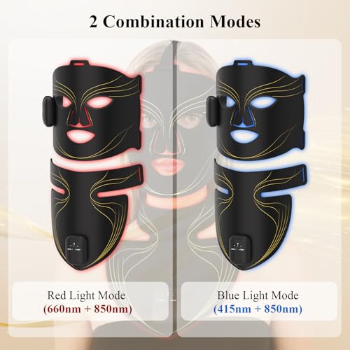 Hottoerak Red & Blue Light Mask for Face & Neck Set, Wireless Rechargeable Near-Infrared LED Face Mask for Home & Travel