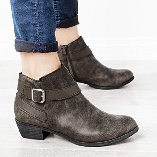TnaIolral Women Ankle Boots Round Toe Low-Heele Zipper Buckle Strap Roman Shoes (US:8, Gray)