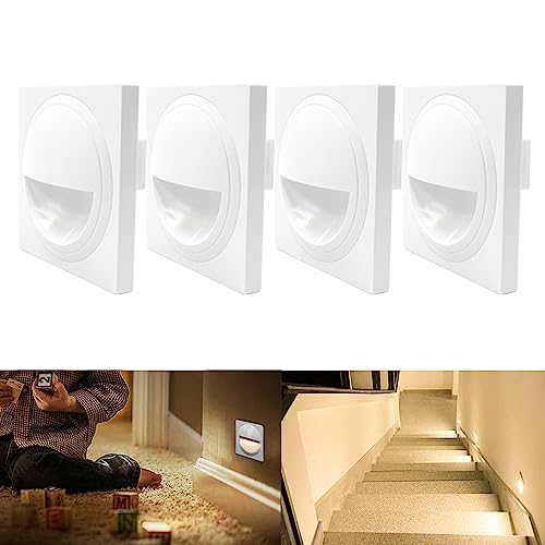 Arotelicht 4Pcs Wall Recessed Stair Lights with Body Sensor Warm White 3000K Staircase Lights LED Step Night Light Indoor, in Plastic, Kitchen, Staircase, Home Lighting, White Cover [Energy Class F]