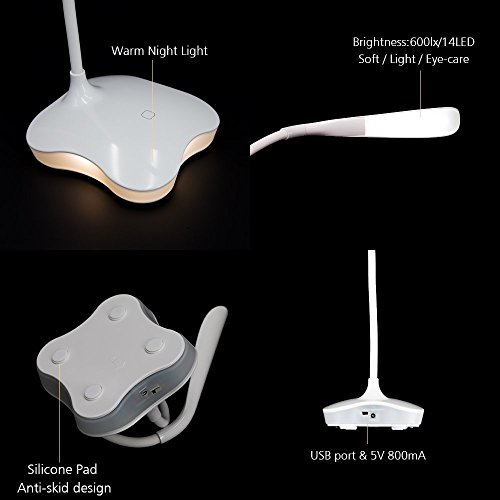 LED Desk Lamp, XIAOKOA Eye-caring Flexible Table Lamps, Dimmable Office Reading Lamp with USB Charging Port, Touch Control, with Night Light and 3 levels brightness, Twistable Tube,14LED Table Lamp - Thumbnail 4