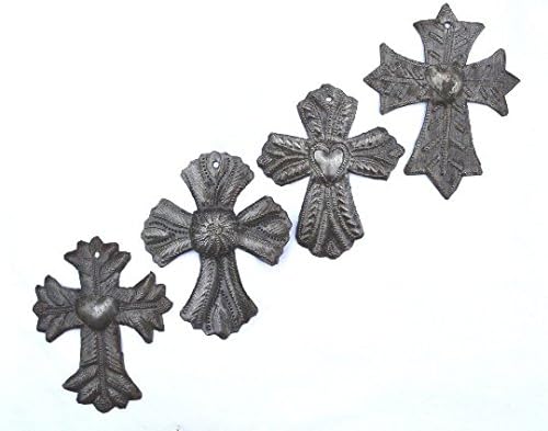 Cross, Mini Decorative Milagro Cross Set of 4, Take your Worry Away, Handmade Figurines, Faith, Handmade in Haiti from Recycled Steel Barrels, 3.5 x 4.25 Inches
