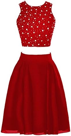 LANGBOHAI Two Piece Short Party Prom Dress for Juniors with Beadings Top Red Wine Size 4
