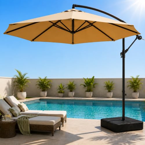 Meulbaty Patio Umbrella with Base Included, 10FT Large Cantilever Offset Patio Umbrellas Outdoor Umbrellas Shade Umbrella with Stand - UV Protection, Easy Tilt & 360° Rotation for Pool, Deck, Porch, Yard