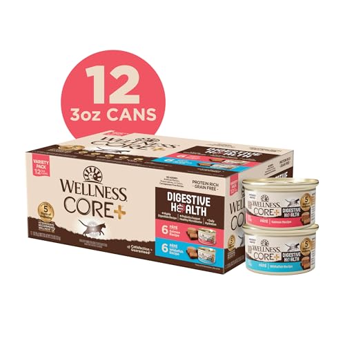 WELLNESS CORE+ DIGESTIVE HEALTH PATE ADULT WET CAT FOOD, NATURAL, PROTEIN-RICH, GRAIN FREE, 3 OUNCE, 12 PACK (SALMON & WHITEFISH VARIETY PACK)