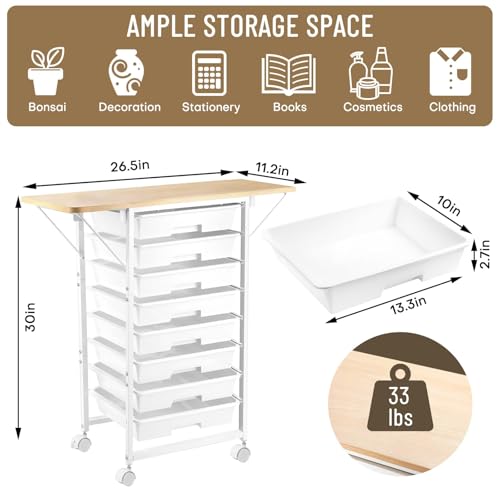 Rolling Storage Cart with Drawers, Craft Storage Cabinet with 8 Drawers and Wooden Tabletop, Utility Cart with Foldable Dual Side Panels & Wheels for Bedroom, Bathroom, Dorm, Office, Kitchen, White
