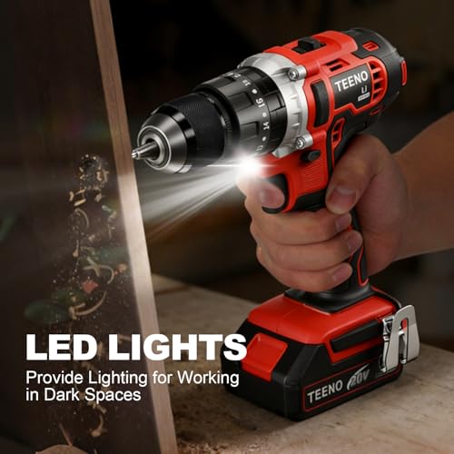 TEENO Cordless Drill Set, Hammer Drill Driver Set 20V 2x2.0Ah Li-Ion Battery, 1/2", with 15 Pieces Bits in Kitbox for Wood Drilling & Screwdriving/Fastening & Metal, Masonry