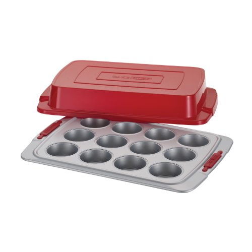 Cake Boss Deluxe Bakeware Nonstick 12-Cup Covered Muffin Pan, Gray with Red Silicone Grips