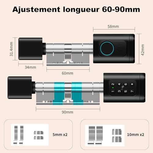 Smart Lock, Electronic Fingerprint Lock, Adjustable Length Smart Lock, Electronic Lock with RFID Card Application, WiFi, Bluetooth, 60-90mm, Extension Accessories, Black