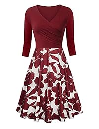 Bloggerlove Vestidos de mujer Vestido vintage de manga 3 4 Vestido de cóctel elegante con cuello en V cruzado y elegante