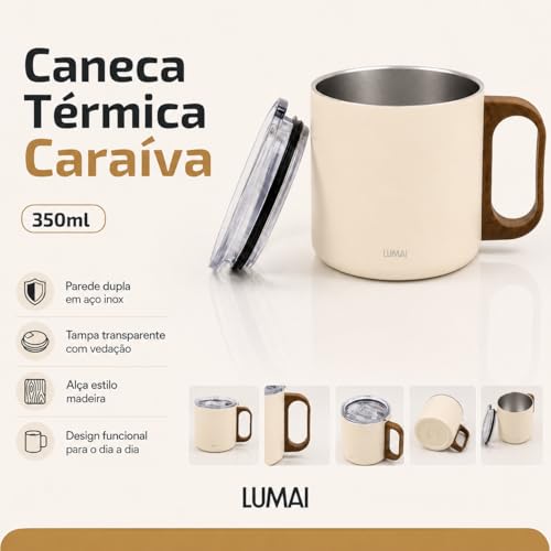 LUMAI Caneca Térmica 350ml Inox com Tampa Antivazamento Premium - Branca | Caneca de Café Caraíva, Aço Inox 304, Parede Dupla com Isolamento Térmico, Alça Estilo Madeira, Bebidas Quentes ou Frias
