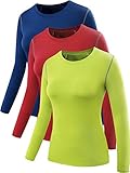 Neleus Women's 3 Pack Dry Fit Athletic Compression Long Sleeve T Shirt,Blue,Red,Green,X-Large