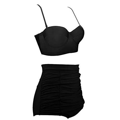 MEANIT Women Vintage Polka Dot High Waisted Bathing Suits Bikini Set (Black, L)