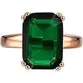 DCFSHEE Green Emerald-Shape Simulated Emerald Jewelry Ring with 18K Rose Gold Plated Silver Women's Engagement Solitaire Ring (US size 7)