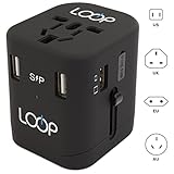 LOOP Travel Smart 4, Worldwide Travel Adapter Charger [US UK EU AU/CN] w/ 3.0 Amp USB C Charging Port plus 3 x USB Ports Universal AC Socket - Safety Fused (Black)