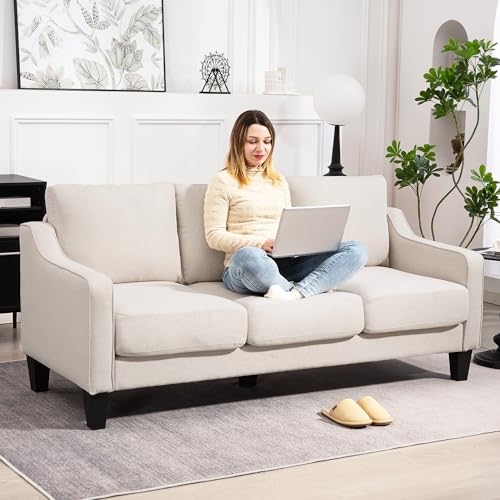 HOMCOM 3 Seater Sofa, Modern Couch with Pocket Spring, Linen Upholstered Sofa with Thick Padded for Living Room, Home Office, Beige