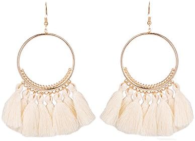 INSANEY Bohemia Fan Shape Tassel Earrings Hoop Dangle Ear Drop (White)