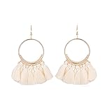 INSANEY Bohemia Fan Shape Tassel Earrings Hoop Dangle Ear Drop (White)