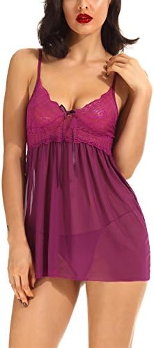 Etopstek Women Robe Lingerie Lace Kimono Nightgown Babydoll Mesh Sleepwear Set (X-Large, Purple-1)