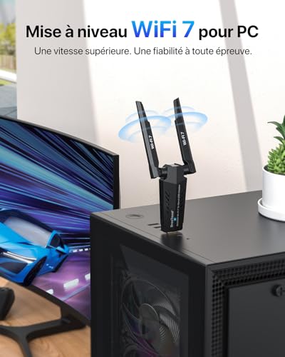 BrosTrend BE6500 Clé WiFi 7 Puissante, Clé USB WiFi pour PC Tri-Bande 6GHz / 5GHz / 2.4GHz, Longue Portée Antenne Wi-Fi PC Dongle, Clef sans Fil Adaptateur USB 3.0, Compatible avec Windows 11/10, WPA3