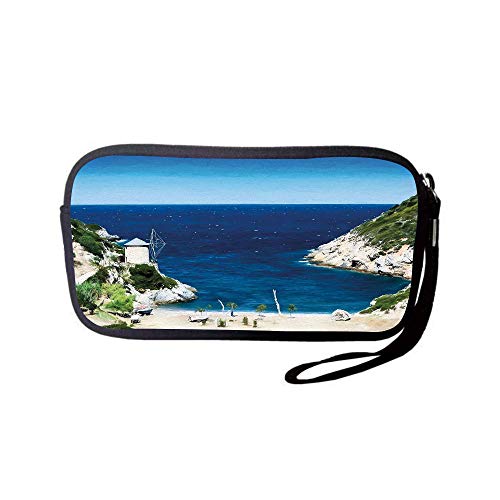 iPrint Neoprene Wristlet Wallet Bag,Coin Pouch,Beach,Rocky Sandy Cove North of The Old Town Alonissos Calm Seascape Idyllic Scenery,Blue White Green,for Women and Kids