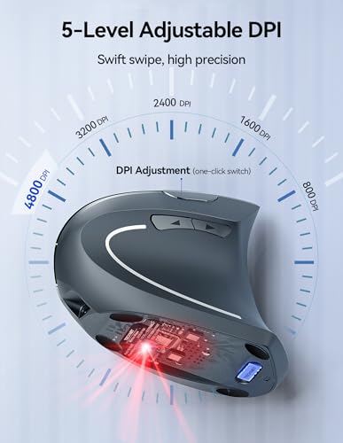 Ergonomic Mouse, Vertical Mouse Wireless Mouse 6 Buttons Optical Carpal Tunnel Mouse, 5 Adjustment Levels, Up to 4800DPI Silent Click Mouse Office Mouse for Laptop, Desktop, Carpal Tunnel Relief