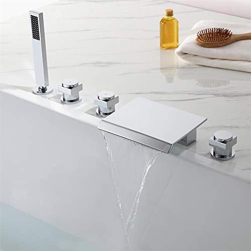 JiaYouJia Commercial Deck Mount Widespread Waterfall Bathroom Bath Tub Faucet Roman Tub Filler with Hand Shower, Chrome
