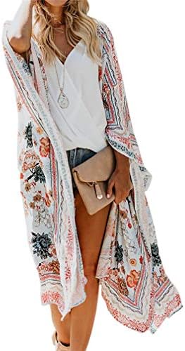 Yonala Women's Swimsuit Cover Up Beachwear Chiffon Print Open Front Kimono Cardigans Blouses