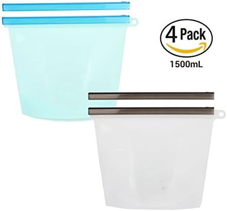 Large Reusable Silicone Food Storage Meal Prep Bags, BPA Free,Sous Vide Safe, Dishwasher Safe, Leakproof with 2 Extra Seals (2 BAGS &amp; 4 SLIDES) | Blue, Transparent (1500ml/50ozEach)