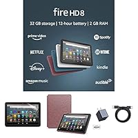 Fire HD 8 Essentials Bundle including Fire HD 8 Tablet (Plum, 32GB) Ad-Supported, Amazon Standing Case (Plum), Nupro Clear Screen Protector, and 15W fast charger