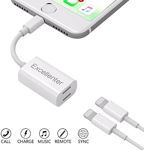 Dual Lightning Adapter Splitter for iPhone 7/7 Plus/8/X,Excellenter Lightning Headphone Audio Charge Adapter, Support Call / Music + Charge + Sync Data for IOS 10.3 and later Devices
