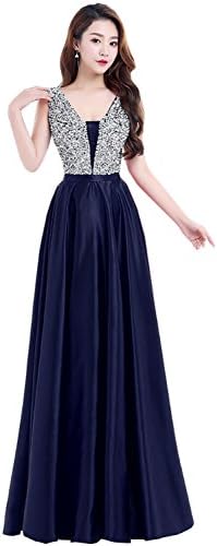 BelleAngel Women's V-Neck Evening Dress Double V Backless Bead Satin Formal Prom Gowns B124