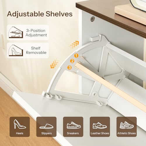 HOOBRO Flip Shoe Cabinet, Narrow Storage with Arch-Patterned Doors, Adjustable Shelves, Entryway Organizer for Hallway, Small Spaces, White and Walnut WH42SC01