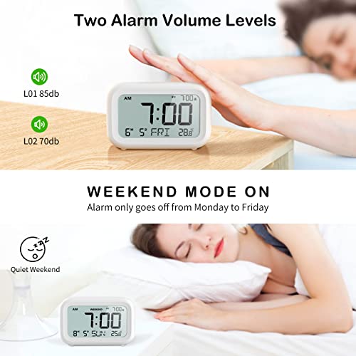 DOOMAY Digital Alarm Clock Bedside - Battery Powered Clock with LCD Display Volume Adjustable Snooze and Weekend Mode for Bedroom Office Desk Travel (White)