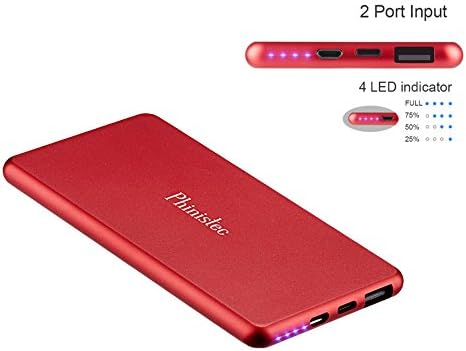 Phinistec Power Bank 5000mAh Portable Charger with Dual Input (Lightning &amp; Micro-USB Input) Shake Switch Ultra Slim Thin Design Battery Pack Extended Backup for iphone, ipad, Samsung and more (Red)