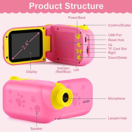 AILEHO Kids Camera for Girls Digital Video Camera for Kids Birthday Children Toys 3 4 5 6 7 8 9 Years Old Toddler Camera 8M 1080P with 8GB Card Game Camera Rechargeable IPS 2.4\