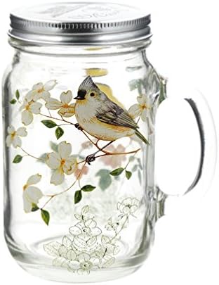 Glass Mason Jar with Handle and Lid Birds and Flower 27oz.