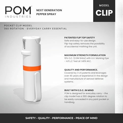 POM Pepper Spray Pocket Clip, Quick Flip Top Safety, Maximum Strength OC Formula with UV Marking Dye, Safe Compact and Tactical Design for Everyday Carry, 25 Bursts, 10 ft Range, 0.5 fl oz