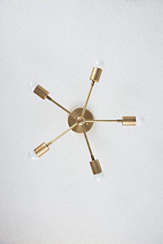 Handmade in U.S.A 5 Arm Brass Gold Sputnik Style Mid Century Modern Inspired Starburst Chandelier UL Listed