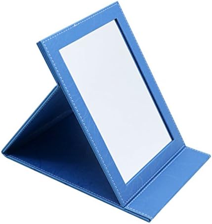 Fifriver Folding Vanity Makeup Mirror with Standing - Portable Travel Mirror - PU Leather Desktop Mirror - Compact Pocket Cosmetic Mirror for Home Hotel Office Work Desk (6.3×4.7, Blue)